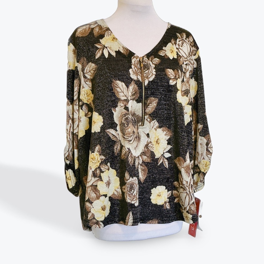 Rebecca Malone‎ Petite XL Floral Lurex Sparkle Quarter Zip 3/4 Roll Tab Top NEW